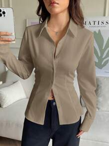 SHEIN EZwear Women's Casual Brown Drawstring Back Design Shirt