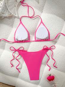Swim Mod 女款 2 件式粉色比基尼泳衣，3D 花朵裝飾掛脖細肩帶沙灘套裝，夏季熱帶度假休閒優雅純色 - 玫紅色 - 查看 2