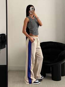 Flirla Side Contrast Decoration Wide Leg Pants - Brown - View 2