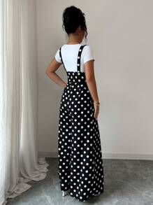 Elenzga Quần jumpsuit in chấm bi màu tương phản cho nữ - Đen và trắng - Xem 2