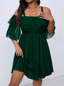 SHEIN LUNE 大码女式纯色荷叶边露肩优雅连衣裙 - 墨綠色 - 查看 1