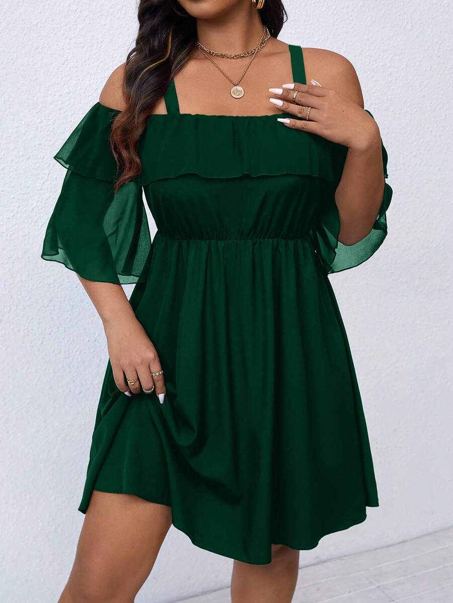 SHEIN LUNE 大码女式纯色荷叶边露肩优雅连衣裙 - 墨綠色 - 查看 1
