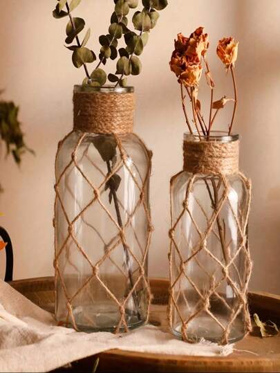 1pc Creative Vintage Bohemian Art made Woven Transparent Glass Cylinder Vase, Original Home ation woven Mesh Bag Festival s, Desktop ation, Flower Arrangements Hydroponic Planting, Ideal Country Farmho Tafel ation,Home ,Living Room ,Boho ,Flower Vase,Centerpiece,Wedding ations,Table Birthday Graduation view 5