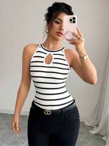 Elenzga 女士夏季无袖镂空条纹性感修身背心 - 黑與白 - 查看 4