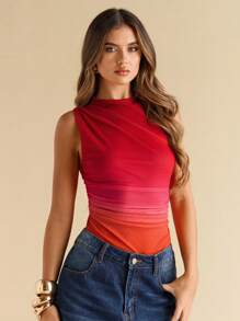 SHEIN BAE Body sin mangas con estampado degradado plisado y asimétrico para mujer, body de verano