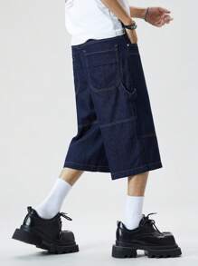 Chillumni 男士纯色时尚牛仔短裤，夏季 - 深色水洗藍 - 查看 5