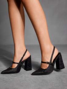 CUCCOO BIZCHIC Women's Fashion Black Glitter Thick Heel Pointed Toe Strap Pumps, Basic & Simple Design - Black - View 8