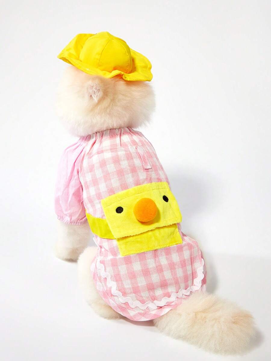 PETSIN Mochila de mascota diseño de pato a cuadros rosa de estilo campista lindo + sombrero, Conjunto de ropa de mascota cachorro de dibujos animados para primavera, verano y otoño - Multicolor - Ver 1