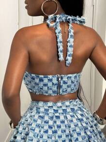 Slaydiva 女士牛仔露背短款上衣，修身性感，蓝色 - 淺色水洗藍 - 查看 3