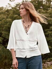 Lumivelle 新款夏季女装时尚宽松竖褶饰边V领衬衫，白色法式休闲蕾丝花边V领长袖开衫，春夏 - 白色 - 查看 1