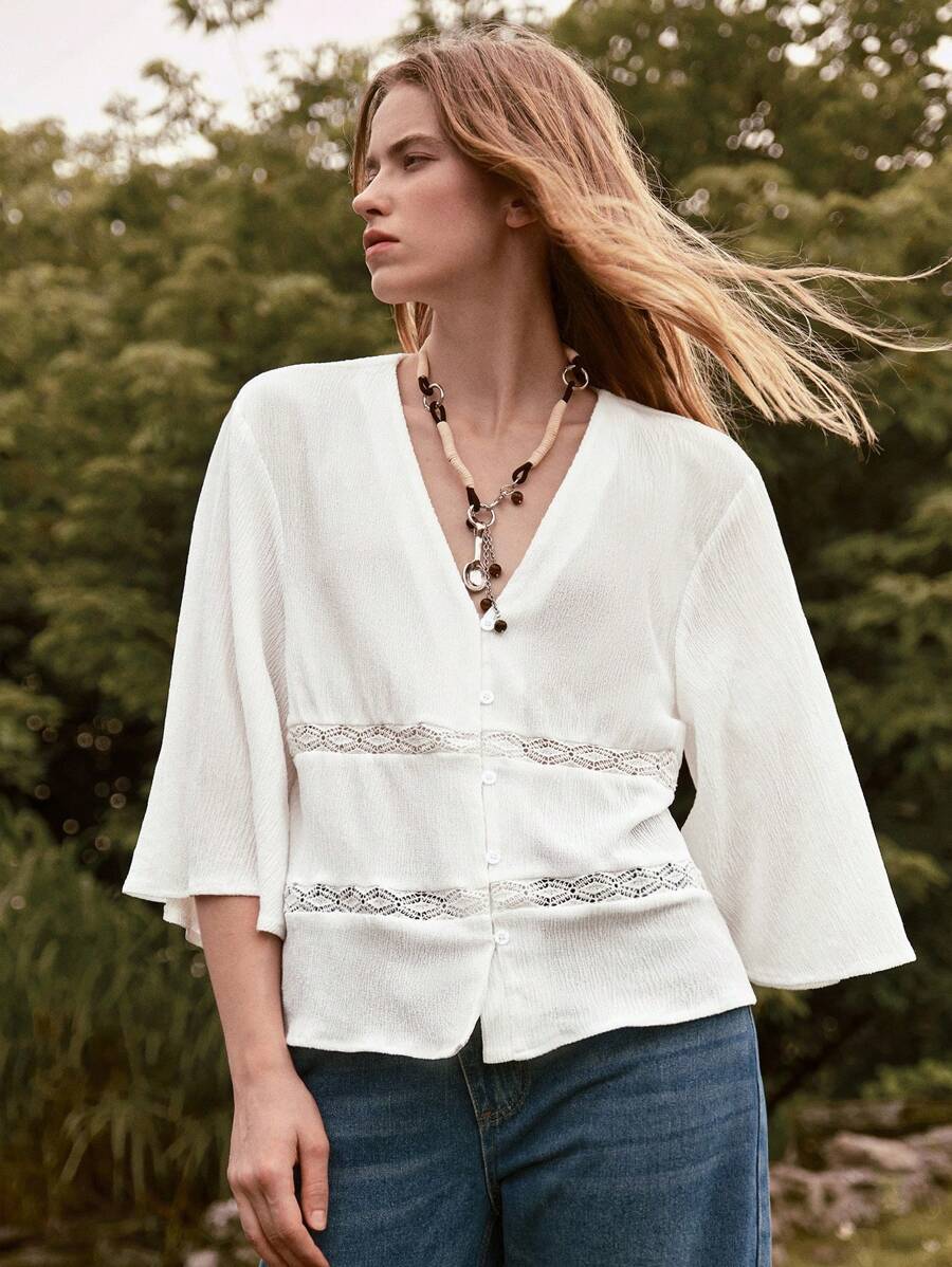 Lumivelle 新款夏季女装时尚宽松竖褶饰边V领衬衫，白色法式休闲蕾丝花边V领长袖开衫，春夏 - 白色 - 查看 1