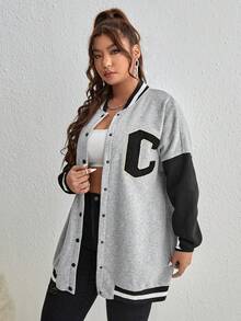 Muchica Plus Letter Patched Striped Trim Drop Shoulder Varsity Jacket Winter Fall Autumn - Light Grey - View 9