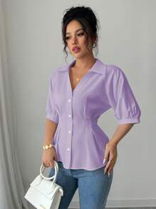 Franclia Blusa con escote en V blanca de manga corta y cintura ceñida, diseño único para verano - Morado - Ver 6
