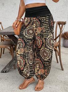 SHEIN VCAY Plus Size Casual Holiday Fashion High Waist Patterned Pants - Multicolor - View 6