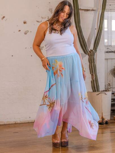 Aralina Plus Size Curve Printed Gradient Flowing Spliced Asymmetrical Hem Vacation Women Maxi Skirt