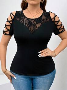 Chikora Plus Size T-Shirt With Lace Patchwork & Hollow Design, Casual & Elegant, Summer Outfits For Women