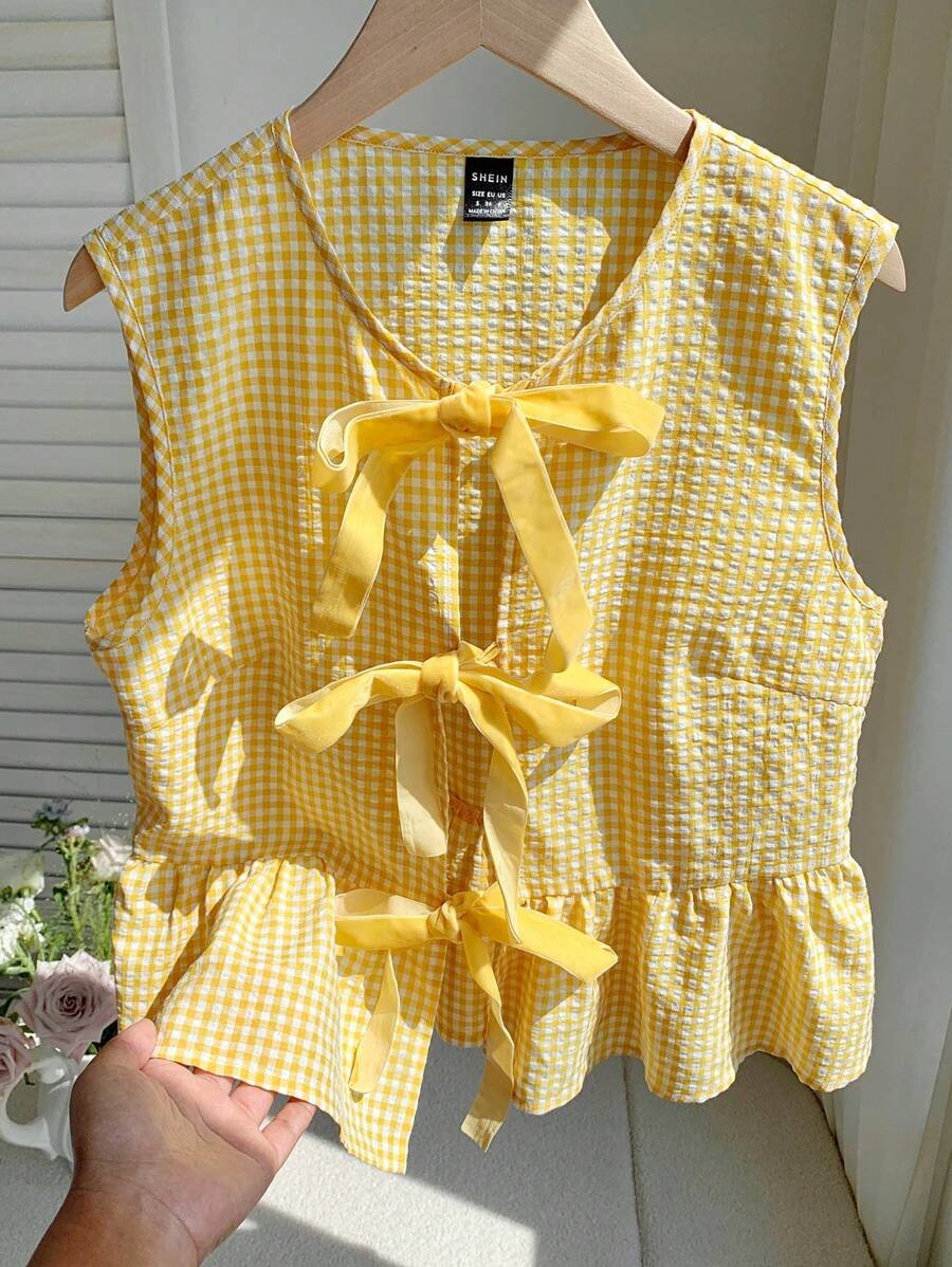 Comfortcana Women's Summer Yellow & White Plaid Sleeveless Woven Shirt Dress - Yellow - View 1