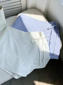 Comfortcana Bộ 2 món/Bộ quần sọc nơ vải lanh mùa hè cho nữ và quần short quấn dây rút màu trắng thích hợp cho kỳ nghỉ ở bãi biển - Xanh và trắng - Xem 5