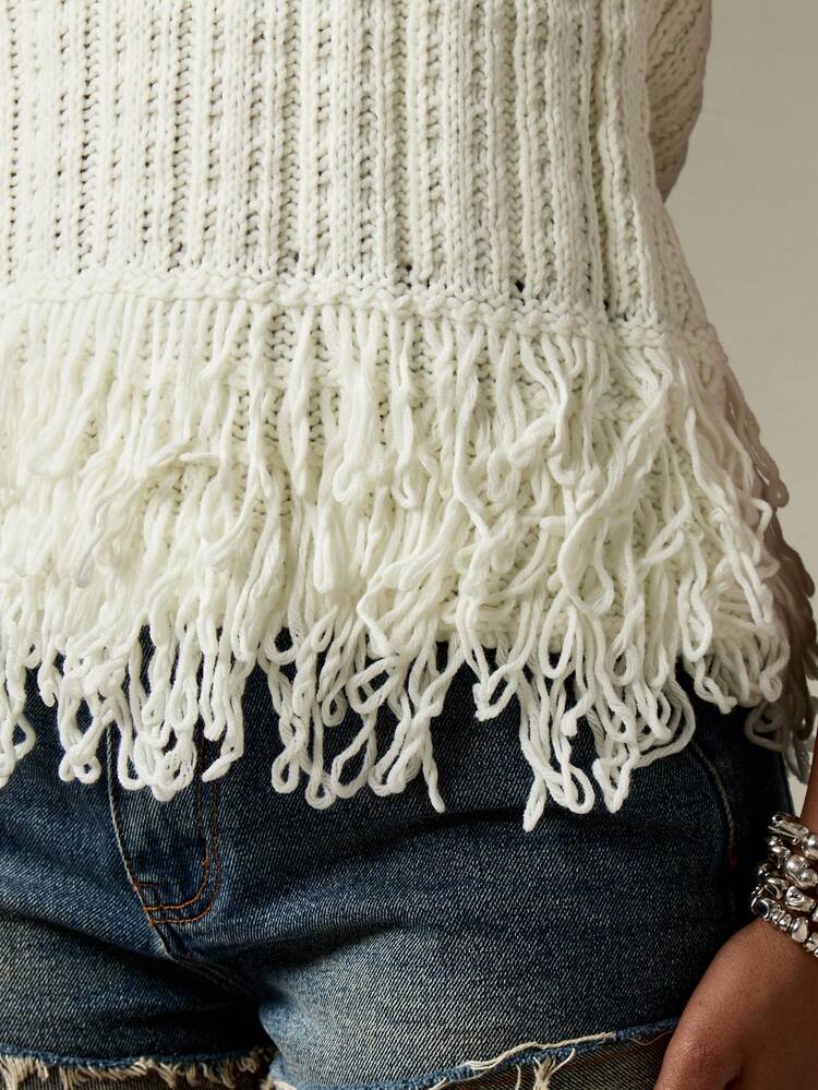 MISSGUIDED Regata de Tricô com Barra Frangeada Canelada, Colete de Malha, Festival, Praia, Verão, Primavera, Casual, Boêmio