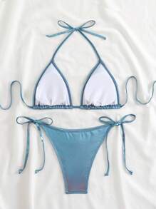 SHEIN Swim Vcay Bộ bikini hở lưng màu trơn - Màu xanh lam - Xem 2