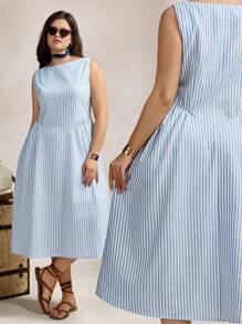 Zelara Plus Size Summer Striped Round Neck Sleeveless Ruched Casual Work Dress,Old Money Style Women - Blue and White - View 2