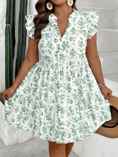 SHEIN Clasi Plus Size Women's Immortal Goddess Vacation Ditsy Floral Cap Sleeve Babydoll Dress
