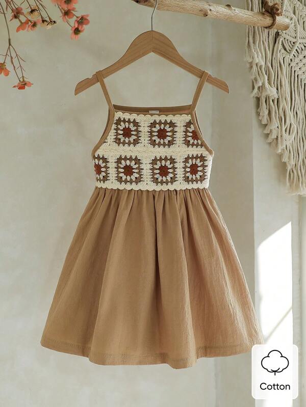 Vintaside Kids Young Girl Spring New Khaki Color Strap Dress, Simple Solid Color Design, Loose Fit, Suitable For Outdoor Play, Home Leisure, School Activities And Family Gatherings