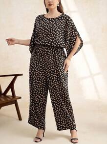 SHEIN Clasi Plus Size Women's Loose-Fit Waist-Cinching Leopard Print Half-Sleeve Wide Leg Jumpsuit, Summer,Fall,For Teachers