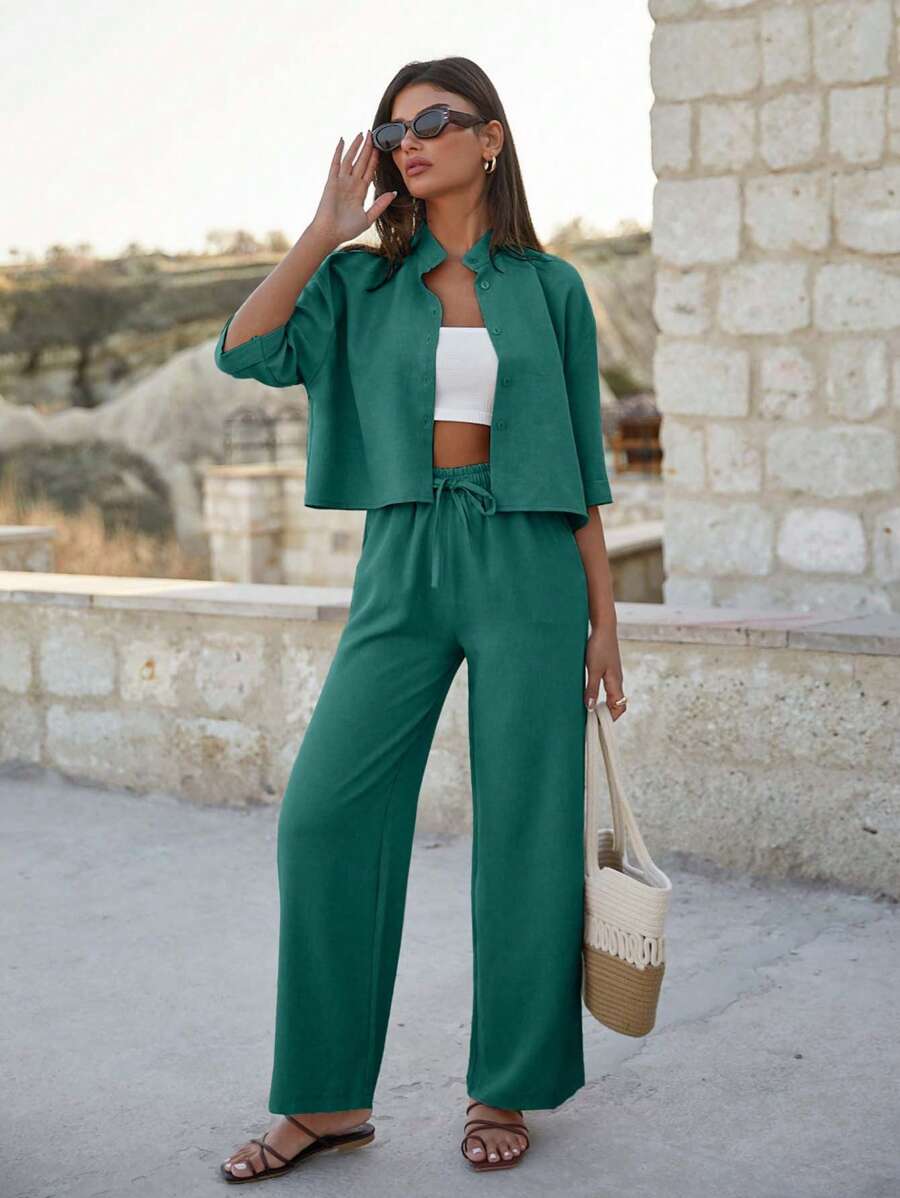EURMUSE Bộ áo crop top cotton và quần cạp cao cho nữ - Màu xanh lá cây đậm - Xem 1