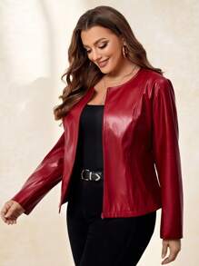 SHEIN Clasi Plus Zip Up PU Leather Jacket, For Winter - Multicolor - View 5