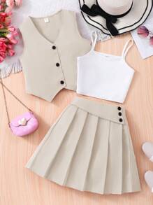 SHEIN Conjunto de 3 piezas para niñas preadolescentes: Top de camisola blanco, chaleco de escote en V y falda plisada, ropa de oficina elegante