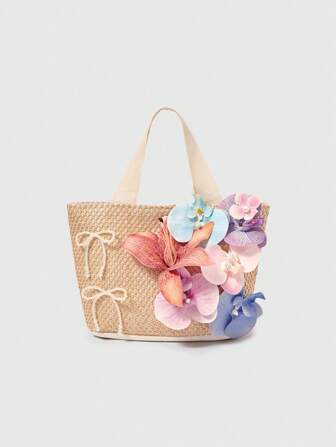 Fairycore 1 Piece Vacation Style DIY Pearl Bowknot Faux Flower Beach Tote Bag, Boho Orchid Woven Purse With Accessories, Women Personalized Handbag Kit (Bag + Accessories)