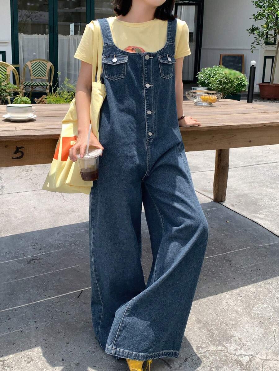 DAZY Women's Casual Washed Loose Korean Style Denim Bib Pants And Jumpsuit, Summer,Back To School Clothes - Blue - View 1