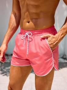 Surfspeed 男士撞色边饰休闲沙滩短裤，夏威夷男士沙滩装男士泳裤沙滩装 - 西瓜粉 - 查看 5
