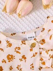 SHEIN LMoss Kids Bộ 2 áo và quần bo gấu họa tiết hoa cho kỳ nghỉ hè dành cho bé gái - Nhiều màu - Xem 8