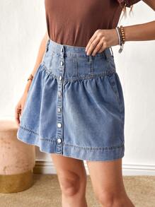 EMERY ROSE Women's Plain Front Button Casual Versatile Denim Mini Skirt