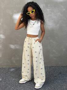 Coolane Kids Tween Girls Spring/Summer Comfortable Trousers, Bow Striped Print Versatile Long Pants - Yellow - View 4