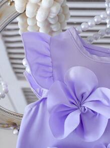 SHEIN Váy tím đơn giản thanh lịch cho bé gái mùa hè, họa tiết hoa 3D, tay áo nhún bèo nhẹ nhàng, thích hợp mặc thường ngày, ngày lễ và hàng ngày - Màu tím - Xem 7