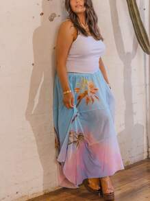 Aralina Plus Size Curve Printed Gradient Flowing Spliced Asymmetrical Hem Vacation Women Maxi Skirt - Multicolor - View 6