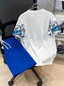 SHEIN 2 件套 Tween Boys 都市时尚圆领短袖 T 恤和短裤套装，街头服饰 - 寶藍色 - 查看 2