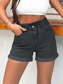 EURMUSE 100%Cotton Rigid, Elastic Band Detailed Shorts ,Petite Women - Dark Grey - View 4
