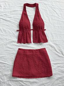 Soleia Bộ 2 món đồ nữ vải kết cấu ren hoa viền yếm hở lưng buộc dây áo crop top cho kỳ nghỉ hè, tiệc tùng, trang phục thường ngày hẹn hò, lễ hội âm nhạc, phong cách boho - Màu Đỏ Sâu - Xem 6