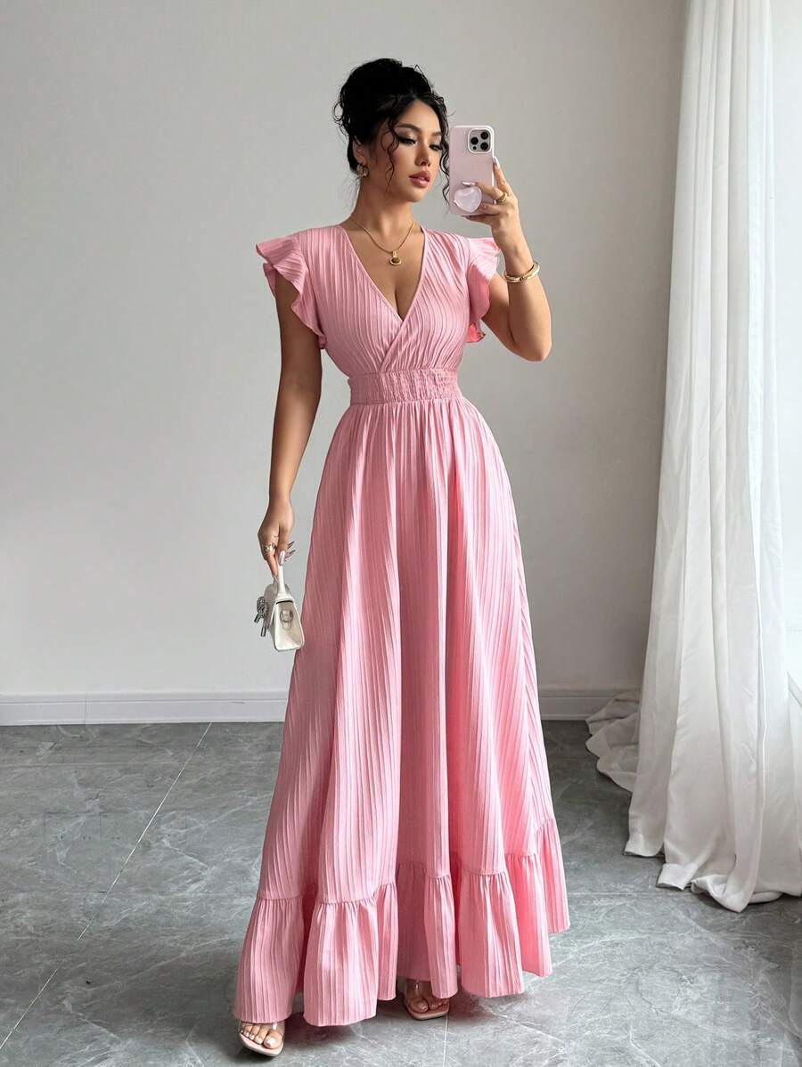 Breezaya 女士纯色荷叶边下摆长款度假海滩装连衣裙 - 粉色 - 查看 1