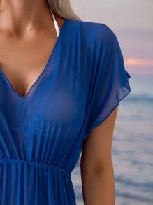 Swim Lushoire Vestido de fiesta para mujer con cuello en V de unicolor, manga corta y cubremalla - Multicolor - Ver 4