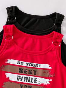 2pcs Tween Girl Fashion Knit Sleeveless Tank Top Set,Red And Black,Soft Stretchy Fabric,Front Letter Print,Stylish Fit For Summer,Casual,Vacation - Black - View 5