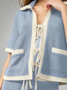 MISSGUIDED Váy Maxi Hai Mảnh Dệt Kim Họa Tiết Waffle Đi Nghỉ Dưỡng Trang Phục Có Ren Phía Trước Và Viền Tương Phản Mùa Hè Dài Xuân - Màu xanh lam - Xem 3