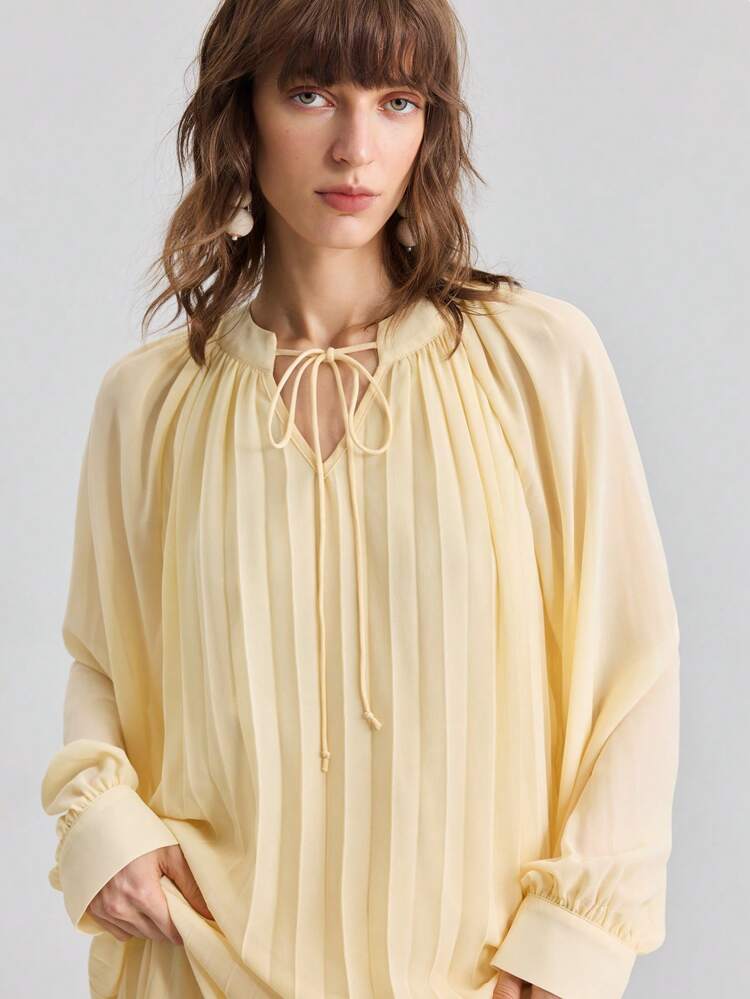 2-Piece Set Women 2000s Countryside Style Casual Office Lady Outfit: Solid Color Pleated Tie-Neck Long Sleeve Blouse And A-Line Skirt, Suitable For School, Business, Date, Travel, Airport, Party