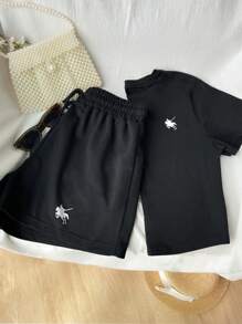 Set 2 bucăți/set pentru femei, tricou și pantaloni scurți cu imprimeu casual Knight, potrivit pentru vară