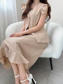 FRIFUL Women 2pcs Set Plain Sleeved Ruffle Trim Pocket Skirt Flounced Hem Straight Casual Business Outfit - Khaki - View 6