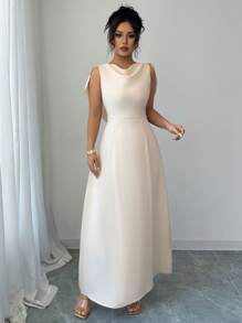 Elenzga Women's Summer Elegant Draped Collar Belted Long Dress - Apricot - View 5